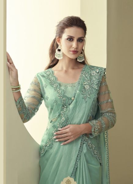 Light Mint Green Silk Embroidered Party-Wear Boutique-Style Saree