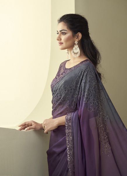 Dull Purple Silk Embroidered Party-Wear Boutique-Style Saree