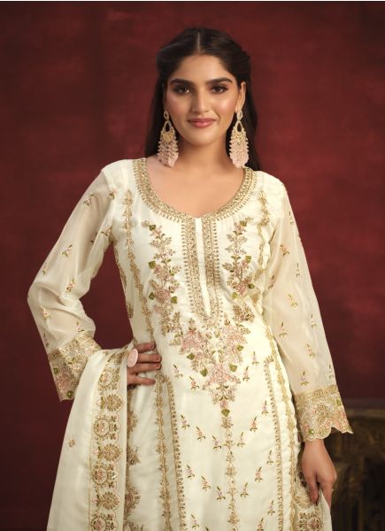 White Viscose Organza Embroidered Pakistani Salwar Kameez For Traditional / Religious Occasions