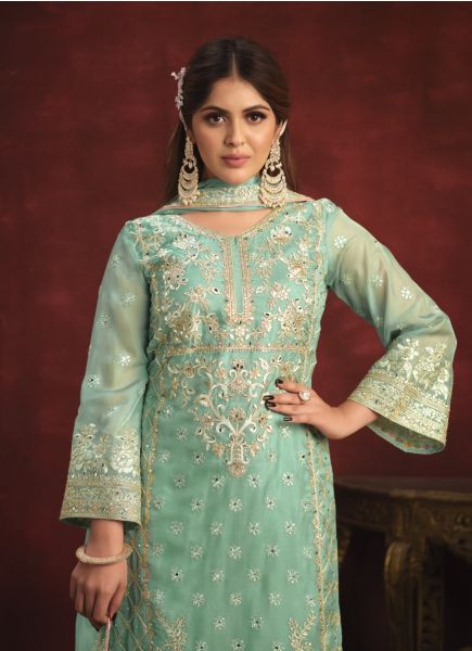Mint Green Viscose Organza Embroidered Pakistani Salwar Kameez For Traditional / Religious Occasions