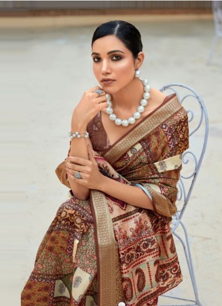 Brown Soft Silk Printed Saree For Traditional / Religious Occasions