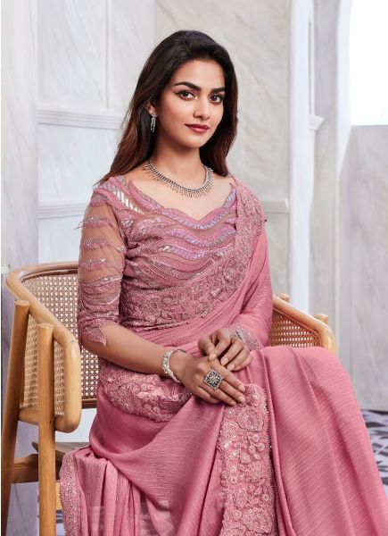 Pink Shimmer Silk Embroidered Party-Wear Boutique-Style Saree