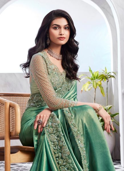 Light Teal Green Shimmer Silk Embroidered Party-Wear Boutique-Style Saree
