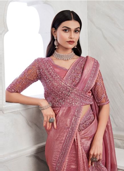 Pink Silk Embroidered Party-Wear Boutique-Style Saree