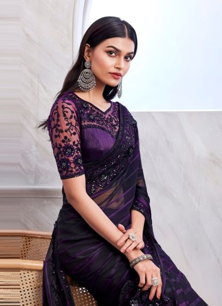 Black Silk Embroidered Party-Wear Boutique-Style Saree