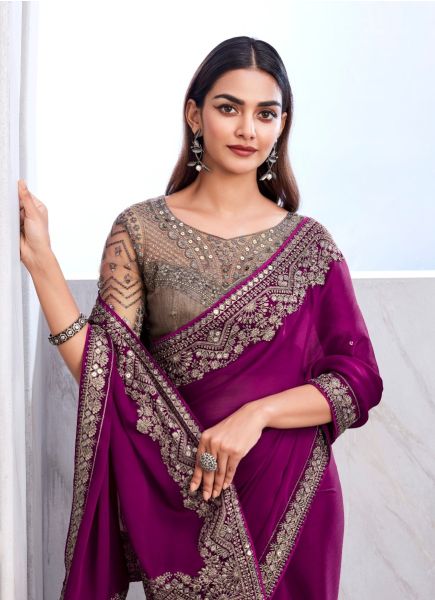 Purple Chiffon Silk Embroidered Party-Wear Boutique-Style Saree