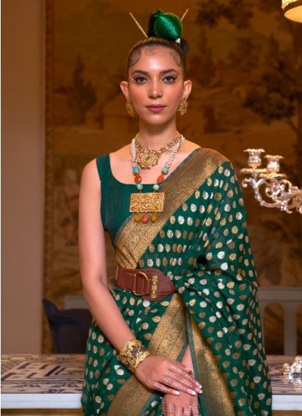 Green Khadi Silk Party Wear Saree With Copper Zari Weaving