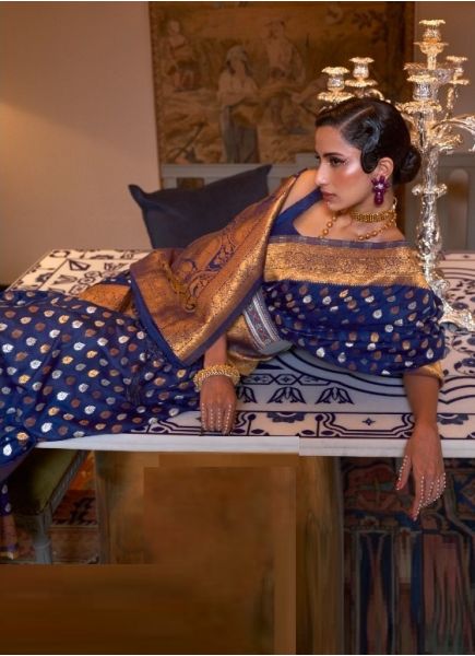 Blue Khadi Silk Party Wear Saree With Copper Zari Weaving