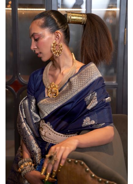 Dark Blue Georgette Saree With Nylon Handloom Weaving