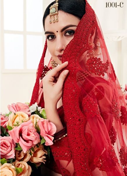 Dark Red Net Silk Satin 2 Layer Inner With Can-Can Wedding Lehenga Choli