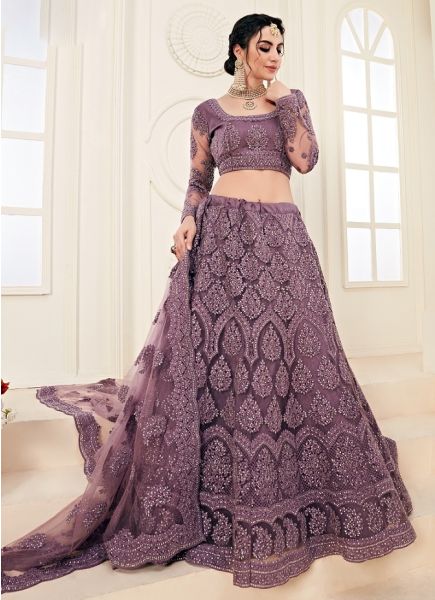 Dark Lilac Net Silk Satin 2 Layer Inner With Can-Can Wedding Lehenga Choli