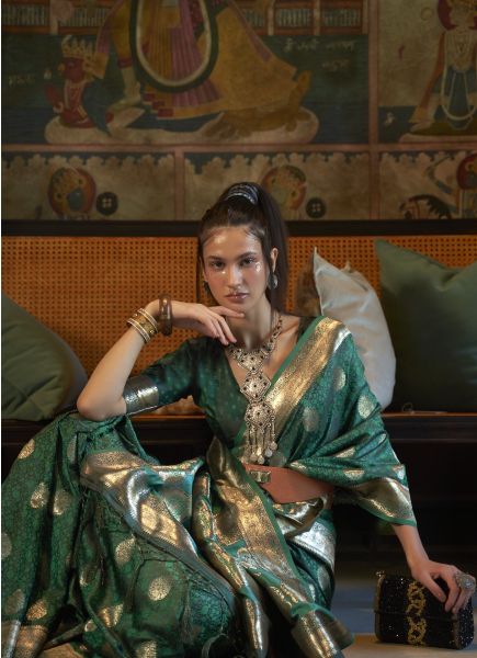 Green Satin Handloom Weaving Festive-Wear Saree