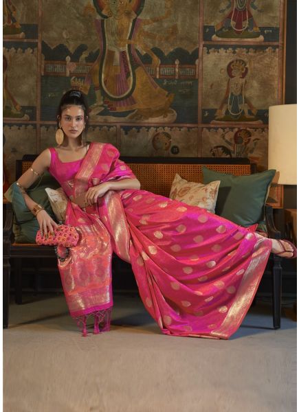Magenta Satin Handloom Weaving Festive-Wear Saree