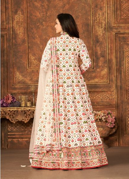 Creamy White Art Silk Printed Readymade Gown With Dupatta For Traditional / Religious Occasions