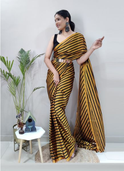 Mustard Yellow With Black Stripes Rangoli Silk Ready-to-Wear Saree With Belt