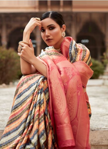 Multicolor Crape Silk Digitally Printed Festive-Wear Handloom Saree