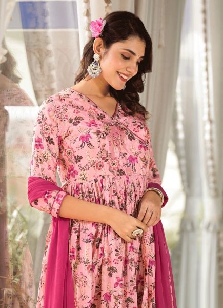 Pink Muslin Silk Printed Festive-Wear Readymade Alia-Cut / Nyra-Cut Salwar Kameez