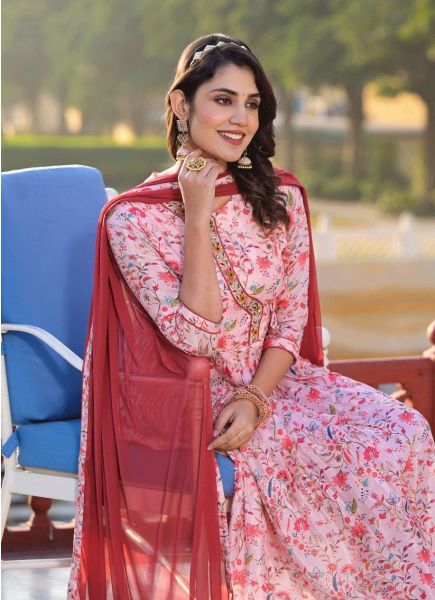 Light Pink Muslin Silk Printed Festive-Wear Readymade Alia-Cut / Nyra-Cut Salwar Kameez