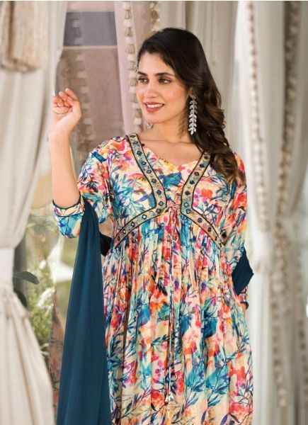 Multicolor Georgette Printed Festive-Wear Readymade Alia-Cut / Nyra-Cut Salwar Kameez