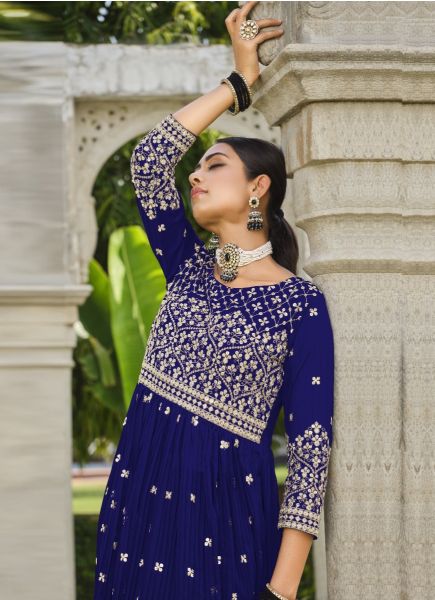 Blue Crushed Georgette With Sequins-Work Palazzo-Bottom Readymade Salwar Kameez
