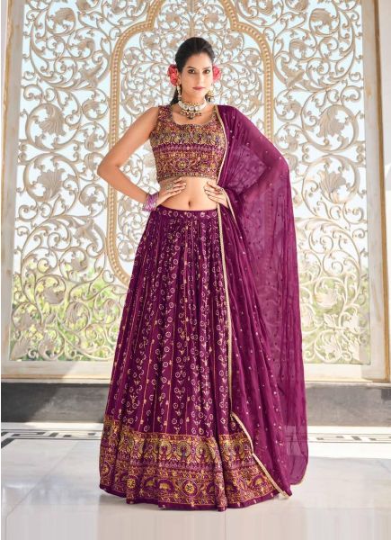 Purple Pure Muslin Embroidered Wedding-Wear Stylish Lehenga Choli