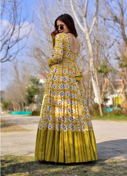 Dark Yellow Chanderi Digital Printed Party-Wear Readymade Floor-Length Gown
