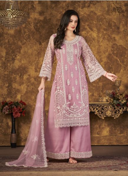 Pink Net With Cording Embroidery & Thread-Work Party-Wear Pant-Bottom Salwar Kameez