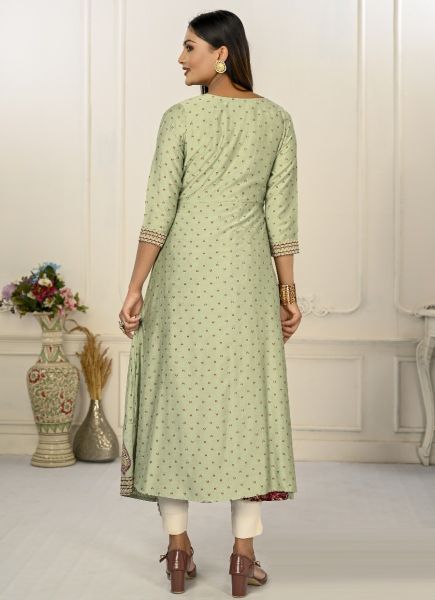 Pista Green & Maroon Cotton Handprinted Readymade Anarkali Kurti For Traditional / Religious Occasions