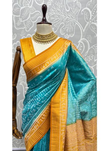 Aqua Blue & Yellow Pure Silk Weaving Saree For Traditional / Religious Occasions