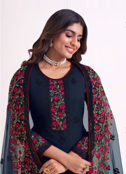 Dark Blue Georgette Sequins, Zari, Embroidery & Thread-Work Ramadan-Special Pant-Bottom Salwar Kameez