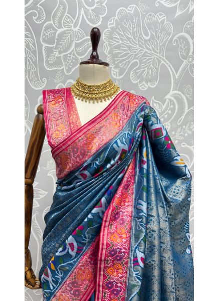 Sea Blue Pure Silk Weaving Saree For Traditional / Religious Occasions
