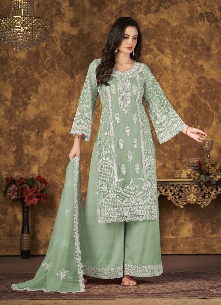 Mint Green Net With Cording Embroidery & Thread-Work Party-Wear Pant-Bottom Salwar Kameez