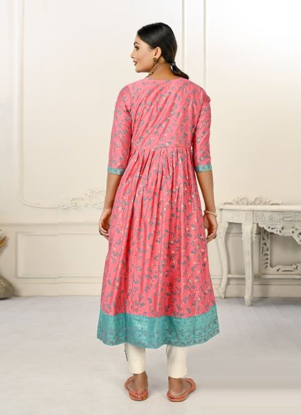 Dark Pink Cotton Handprinted Readymade Anarkali Kurti For Traditional / Religious Occasions