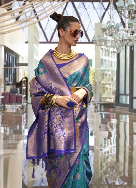 Sea Green & Violet Silk Weaving Festive-Wear Handloom Saree