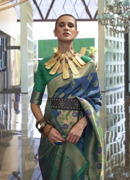 Blue & Sea Green Silk Weaving Festive-Wear Handloom Saree
