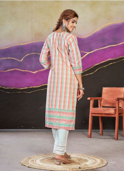 Multicolor Poly Cotton Printed Office-Wear Readymade Kurti With Pant