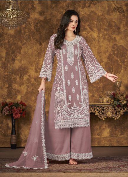Rosy Brown Net With Cording Embroidery & Thread-Work Party-Wear Pant-Bottom Salwar Kameez