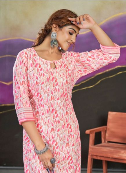 Pink Poly Cotton Printed Office-Wear Readymade Kurti With Pant