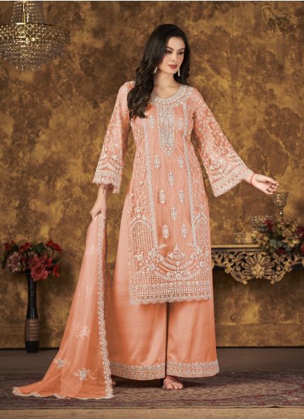 Light Salmon Net With Cording Embroidery & Thread-Work Party-Wear Pant-Bottom Salwar Kameez
