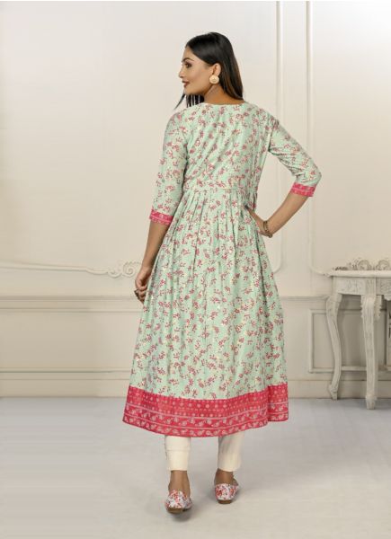 Light Mint Green Cotton Handprinted Readymade Anarkali Kurti For Traditional / Religious Occasions