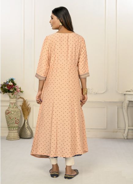 Peach & Navy Blue Cotton Handprinted Readymade Anarkali Kurti For Traditional / Religious Occasions