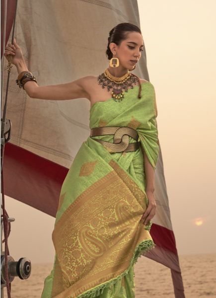 Light Green Satin Handloom Weaving Party-Wear Saree