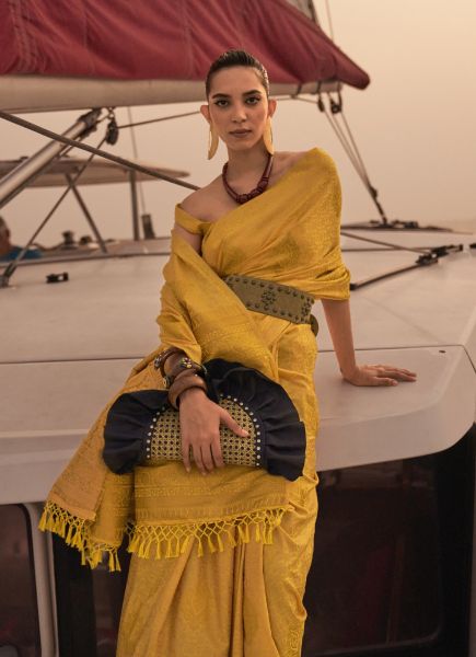 Yellow Satin Handloom Weaving Party-Wear Saree