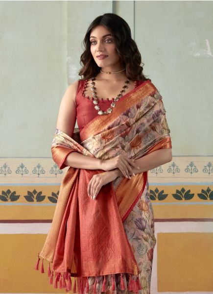Light Pink Tissue Silk Handloom Digitally Printed Saree For Traditional / Religious Occasions