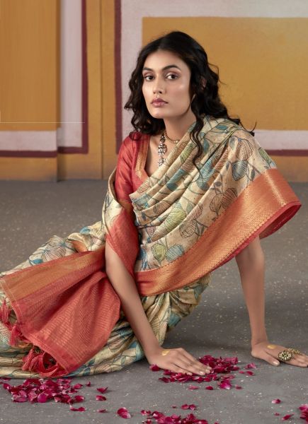 Light Beige Tissue Silk Handloom Digitally Printed Saree For Traditional / Religious Occasions