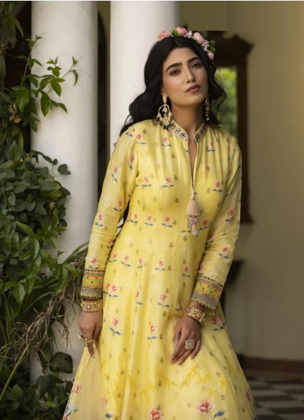 Yellow Dola Jacquard Digitally Printed Gown With Dupatta For Kitty Parties