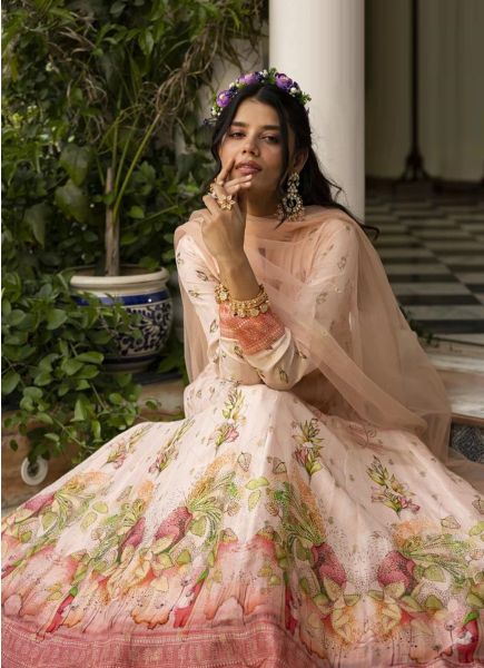 Light Pink Dola Jacquard Digitally Printed Gown With Dupatta For Kitty Parties
