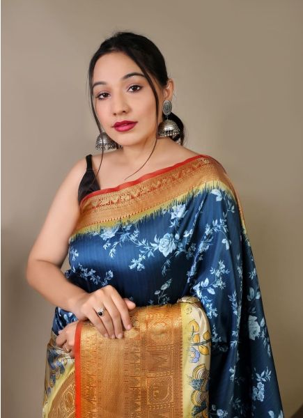 Blue Kanjivaram Silk Digitally Printed Saree for Traditional / Religious Occasions