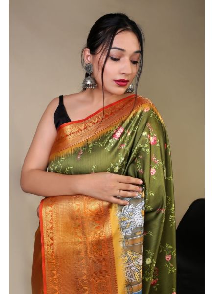 Olive Green Kanjivaram Silk Digitally Printed Saree for Traditional / Religious Occasions
