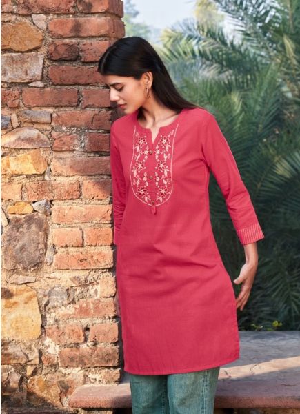 Crimson Red Cotton Embroidered Office-Wear Straight-Line Readymade Kurti